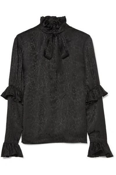 Shop Saint Laurent Pussy-bow Ruffled Silk-satin Jacquard Blouse In Black