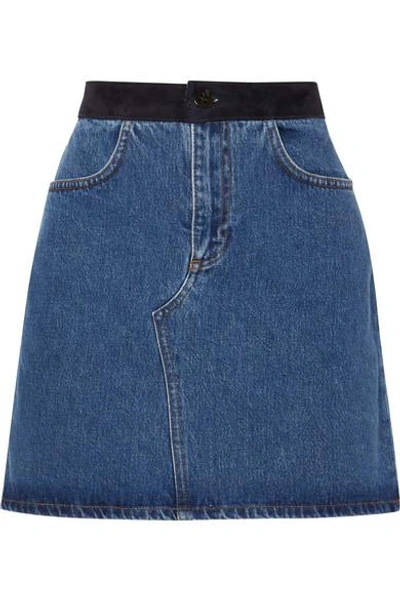 Shop Victoria Victoria Beckham Suede-trimmed Denim Mini Skirt In Mid Denim