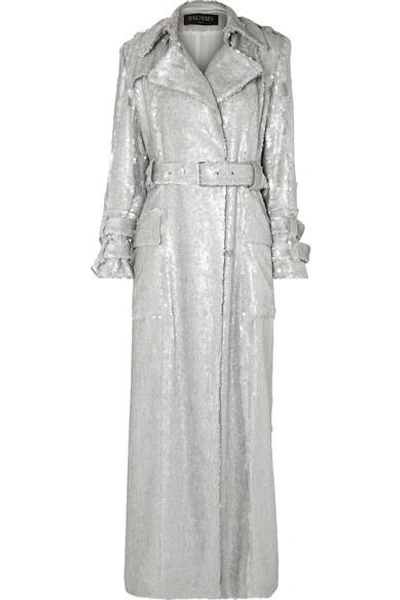 Shop Balmain Sequined Crepe Trench Coat In Silver