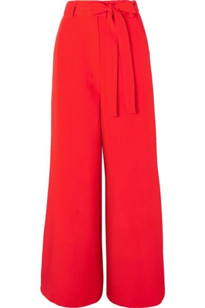 Shop Etro Belted Silk-crepe Wide-leg Pants In Red