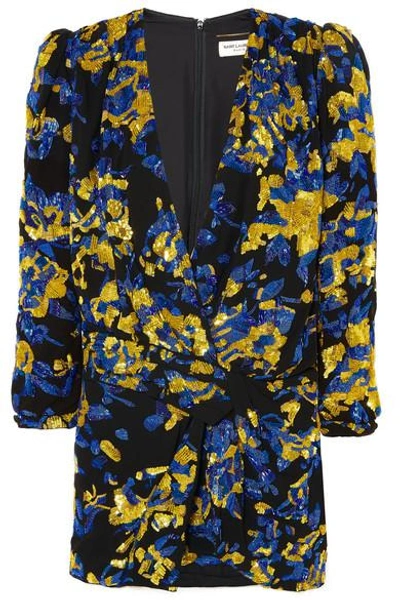 Shop Saint Laurent Draped Embellished Silk Crepe De Chine Mini Dress In Blue