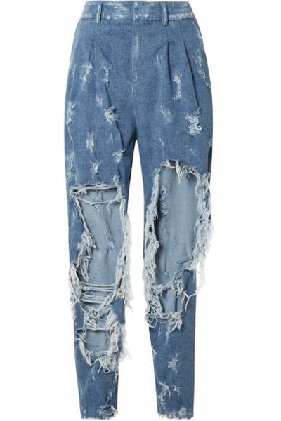 Shop Balmain Distressed High-rise Boyfriend Jeans In Blue