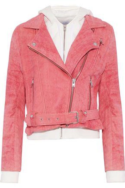 Shop Iro Woman Layered Cotton And Suede Hooded Biker Jacket Pink