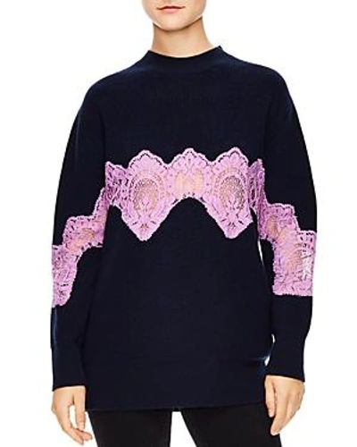 Shop Sandro Mystere Sheer Lace-inset Sweater In Deep Navy