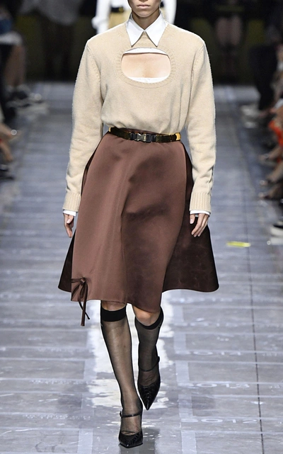 Shop Prada Bow-detailed Silk-satin Skirt In Brown