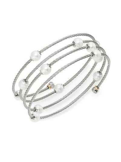 Shop Alor Classique 1.6mm White Round Freshwater Pearl, 18k White Gold & Stainless Steel Bracelet In White Gold - Silver