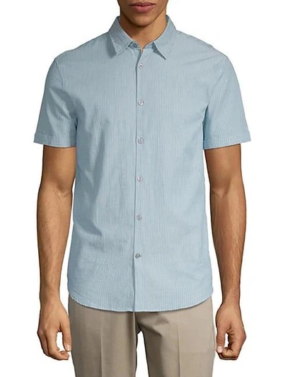 Shop John Varvatos Pinstripe Short-sleeve Cotton Button-down Shirt In Peacock Blue