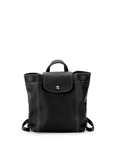 Shop Longchamp Le Pliage Cuir Leather Drawstring Backpack In Black