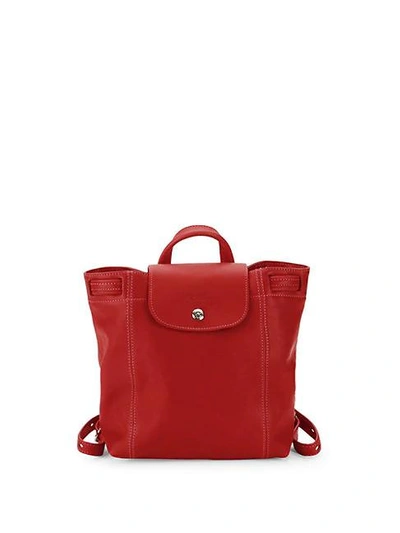 Shop Longchamp Le Pliage Cuir Leather Drawstring Backpack In Cherry