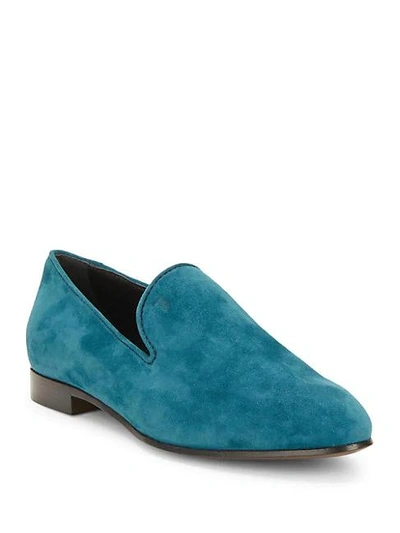 Shop Tod's Pebbled Suede Slip-on Shoes In Teal