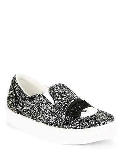 Shop Chiara Ferragni Wink Glitter Leather Slip-on Sneakers In Silver