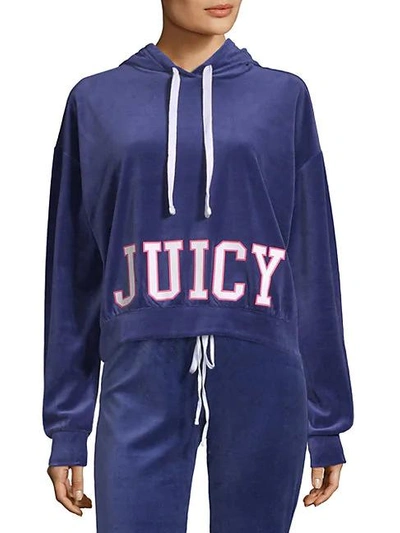 Shop Juicy Couture Cropped Velour Hoodie In Twilight Blue