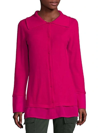 Shop Escada Long-sleeve Button-front Cashmere Top In Dark Pink