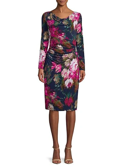 Shop David Meister Floral-print Long-sleeve Dress In Navy Multi