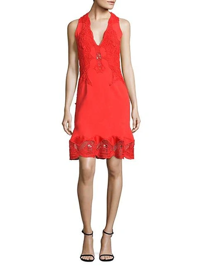 Shop Jonathan Simkhai Lace Applique Drop-waist Dress In Red