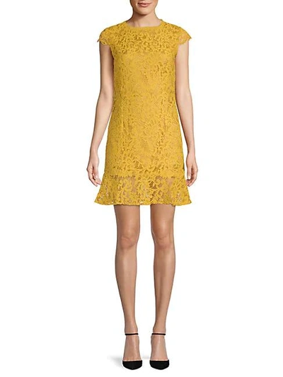 Shop Few Moda Fishtail Lace Mini Dress In Mustard