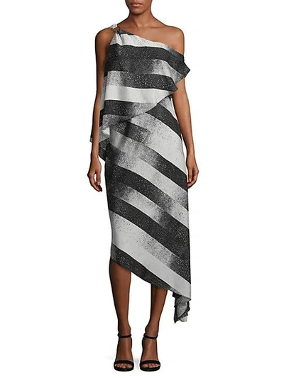 Shop Halston Heritage Stripe Asymmetric Dress In Black Chalk
