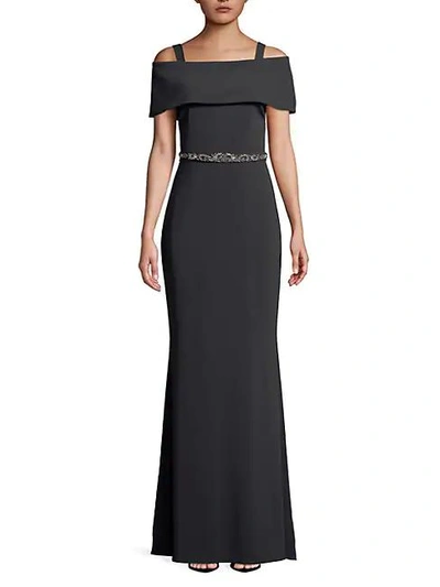 Shop Badgley Mischka Belted Off-the-shoulder Gown In Charcoal