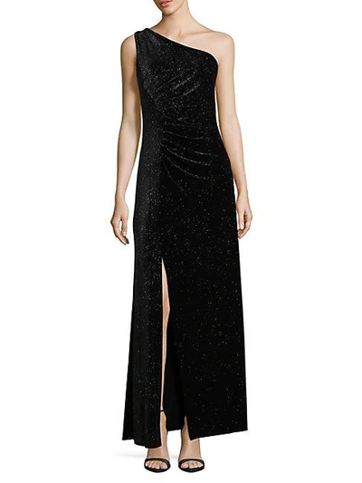 Shop Calvin Klein One-shoulder Sparkling Velvet Gown In Black