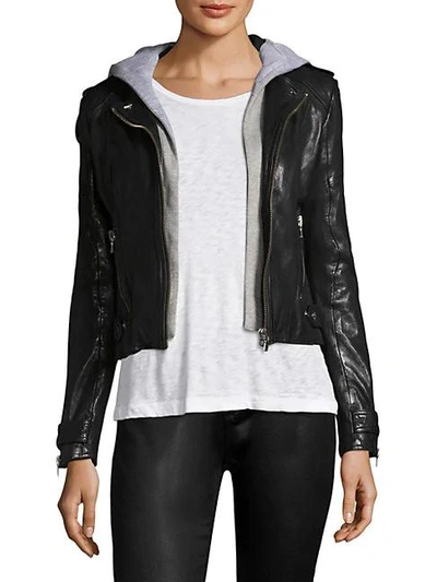 Shop Lamarque Leather Hoodie Jacket In Black