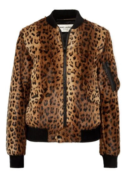 Shop Saint Laurent Leather-trimmed Leopard-print Goat Hair Bomber Jacket In Brown