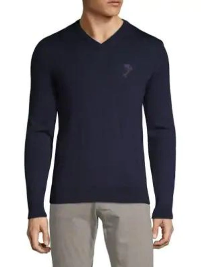 Shop Versace Logo Wool Sweater In Navy