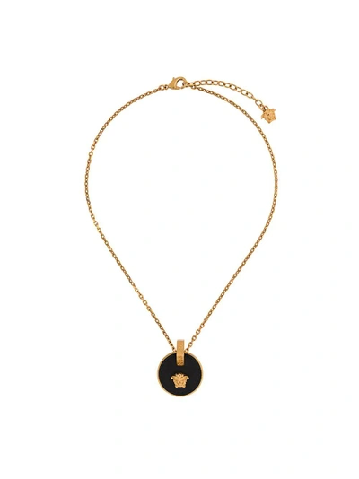 Shop Versace Black Medallion Medusa Necklace In Gold