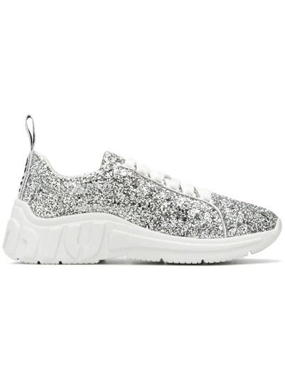 Shop Miu Miu Glitter Lace-up Sneakers - Silver