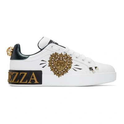 Shop Dolce & Gabbana Dolce And Gabbana White And Green Dg Heart Portofino Sneakers In Hwt77 White