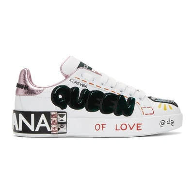 Shop Dolce & Gabbana Dolce And Gabbana White And Pink Velvet Queen Portofino Sneakers In Hwt77 White
