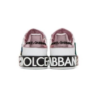 Shop Dolce & Gabbana Dolce And Gabbana White And Pink Velvet Queen Portofino Sneakers In Hwt77 White