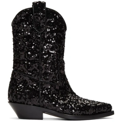 Shop Dolce & Gabbana Black Sequin Cowboy Boots In 80999 Black