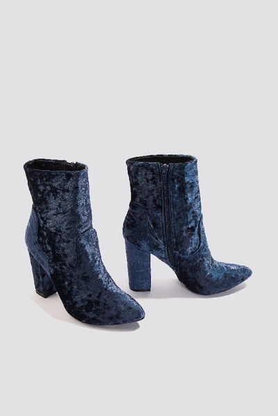 Shop Na-kd Velvet Mid Heel Boot Blue In Dark Blue