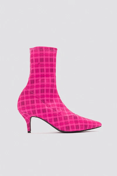 Shop Na-kd Kitten Heel Sock Boot - Pink In Pink Checks