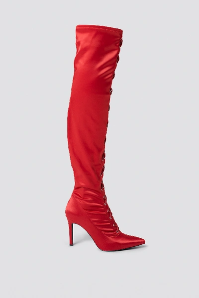 Shop Sahara Ray X Na-kd Lace Up Satin Overknee Boots Red