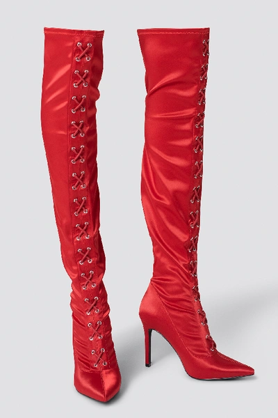 Shop Sahara Ray X Na-kd Lace Up Satin Overknee Boots Red