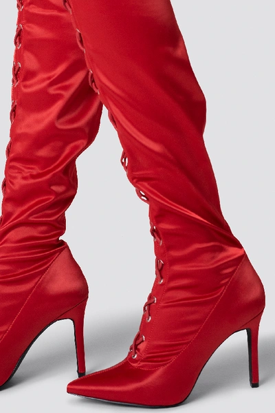Shop Sahara Ray X Na-kd Lace Up Satin Overknee Boots Red
