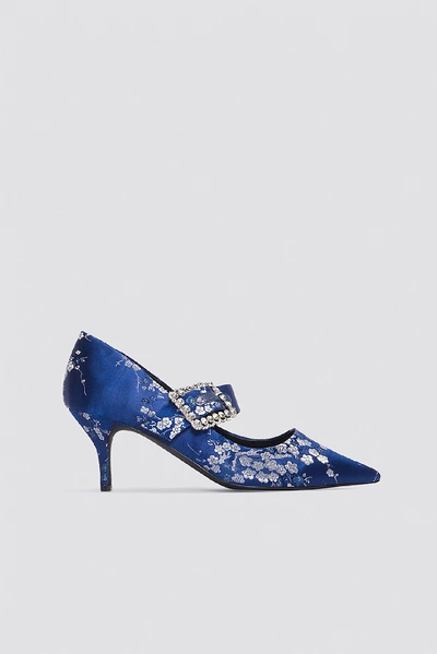 Shop Na-kd Embellished Buckle Mid Heels Blue In Blue Flower Print