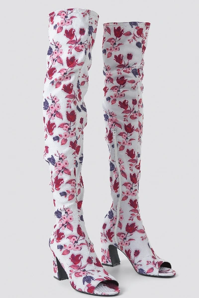 Shop Na-kd Open Toe Knee High Boots Multicolor In White Tulip Pattern