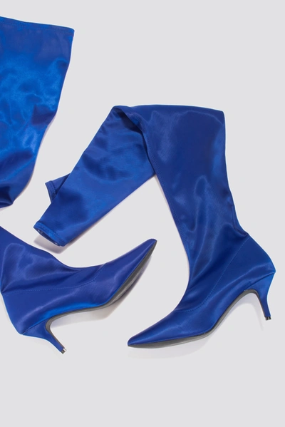 Shop Na-kd Knee High Satin Sock Boot Blue In Cobalt