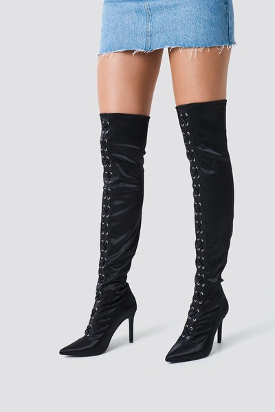 Shop Sahara Ray X Na-kd Lace Up Satin Overknee Boots - Black