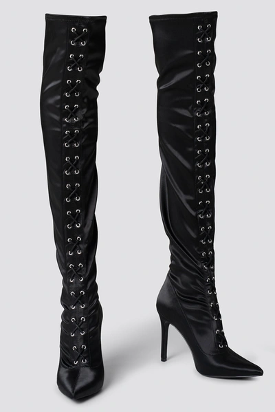 Shop Sahara Ray X Na-kd Lace Up Satin Overknee Boots - Black