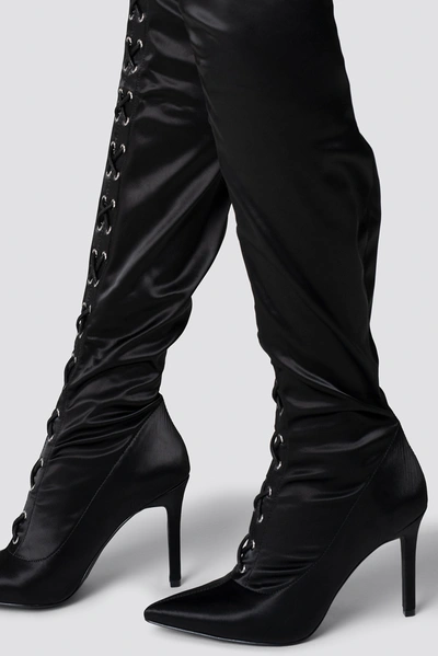 Shop Sahara Ray X Na-kd Lace Up Satin Overknee Boots - Black