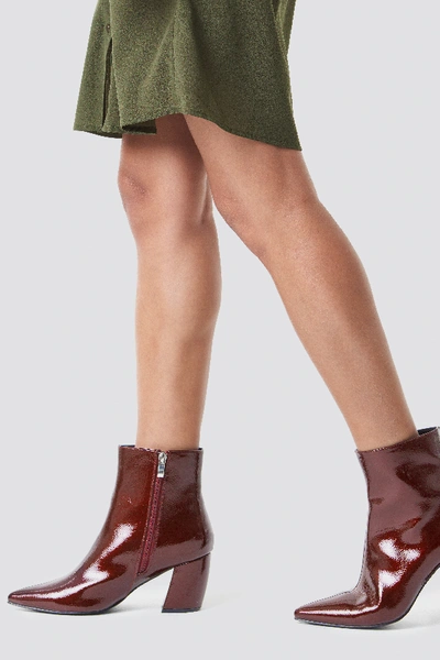 Shop Na-kd Structured Patent Mid Heel Boots Red In Burgundy