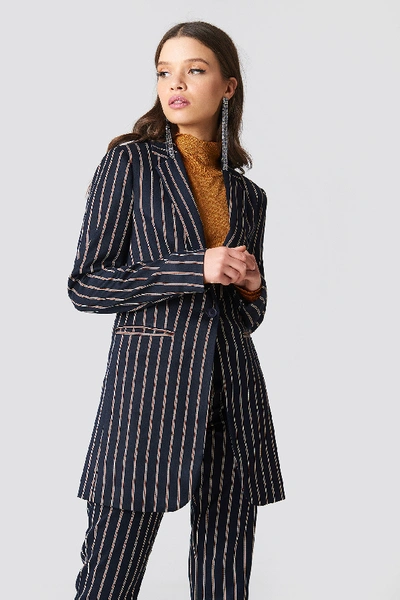Shop Na-kd Striped Long Blazer - Multicolor In Dark Navy