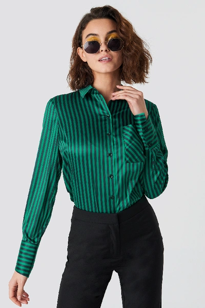 Shop Emilie Briting X Na-kd Pinstripe Satin Pocket Shirt - Green In Black/green Stripe