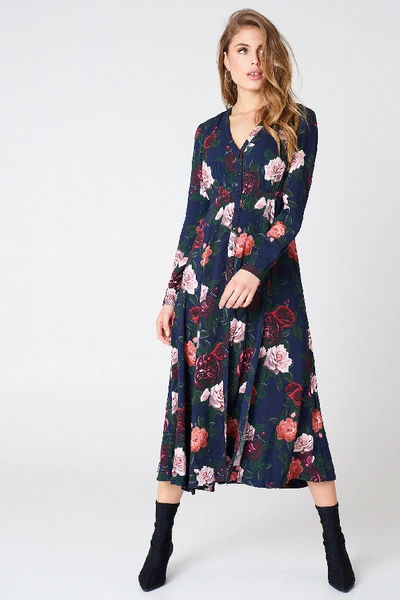 Shop Na-kd Button Up Maxi Dress - Blue,multicolor In Dark Flowers Midnight