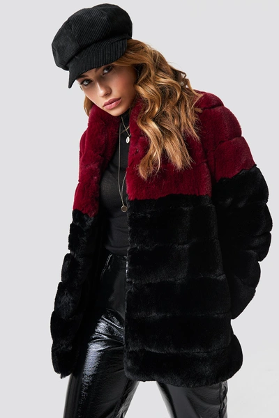 Shop Na-kd Long Puff Faux Fur Jacket Black In Black/burgundy