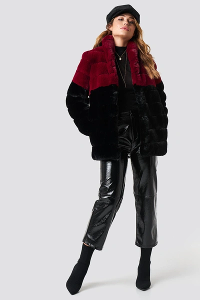 Shop Na-kd Long Puff Faux Fur Jacket Black In Black/burgundy