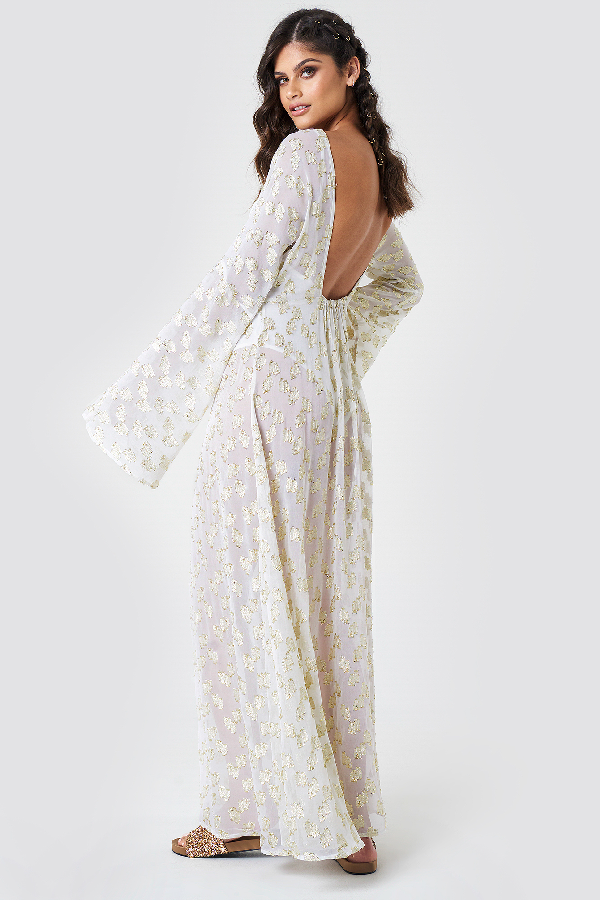 white and gold maxi dress with sleeves